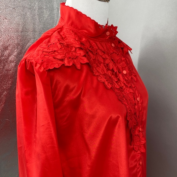 Vintage‎ Map Say NY Red Floral Vampy Blouse Women’s Med Large Button Up Western - Picture 9 of 15